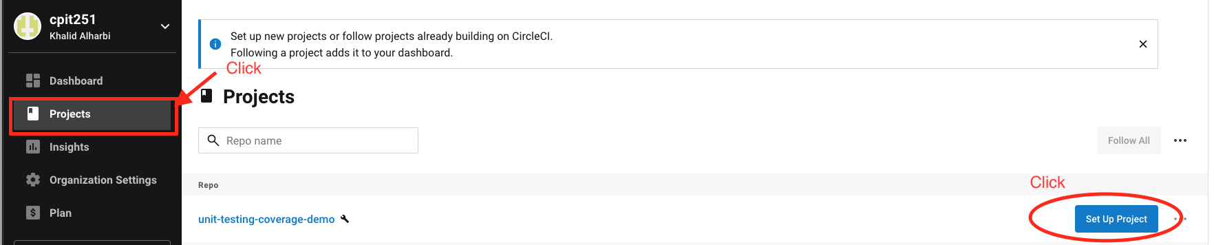 Continuous Integration (CI) CircleCI setting up a new project